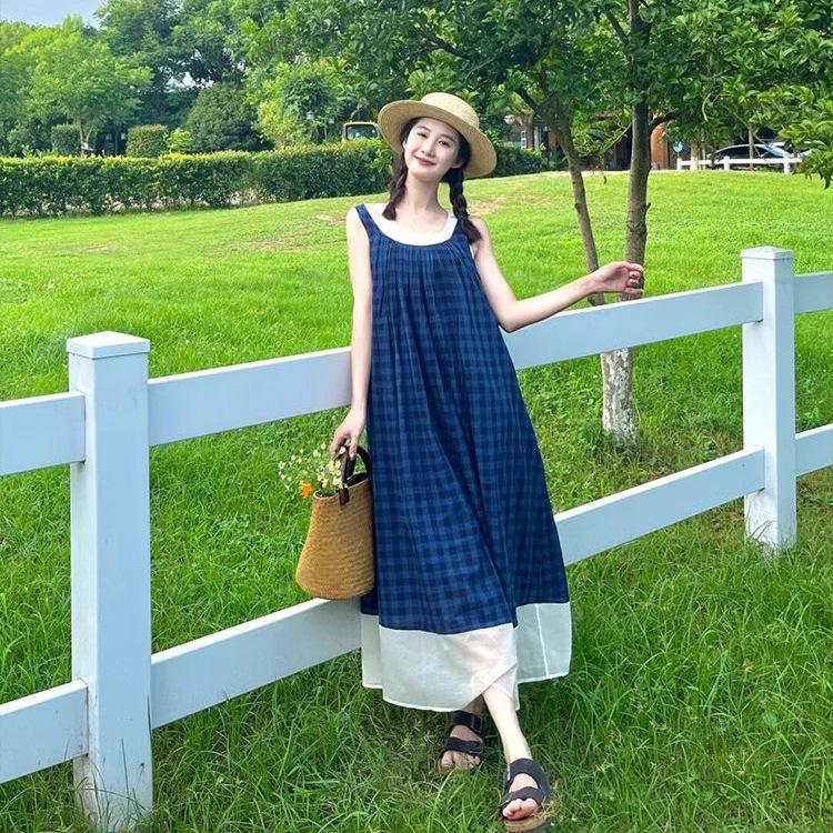 College style blue plaid suspender skirt Thai cool spicy women's summer new blue vest sleeveless dress trendy