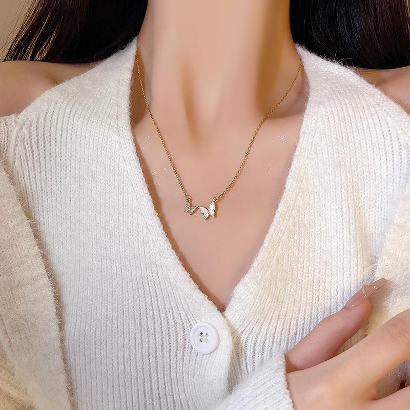 Elegant Titanium Bowknot Necklace with Diamond Pendant for Women - Fairy Style Clavicle Chain