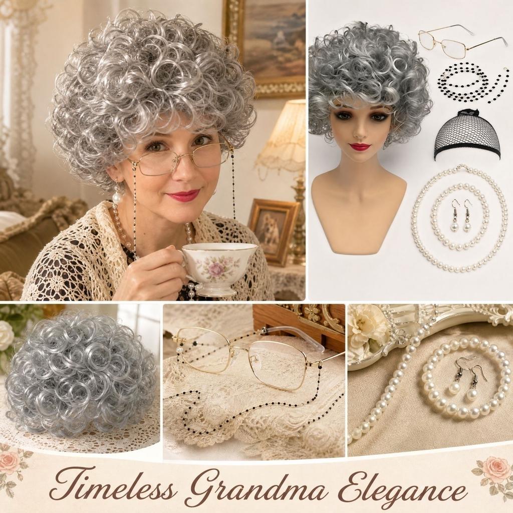 Grandma Costume Accessories Set with Wig, Glasses with Chain, Hairnet, Necklace, Bracelet and Earrings