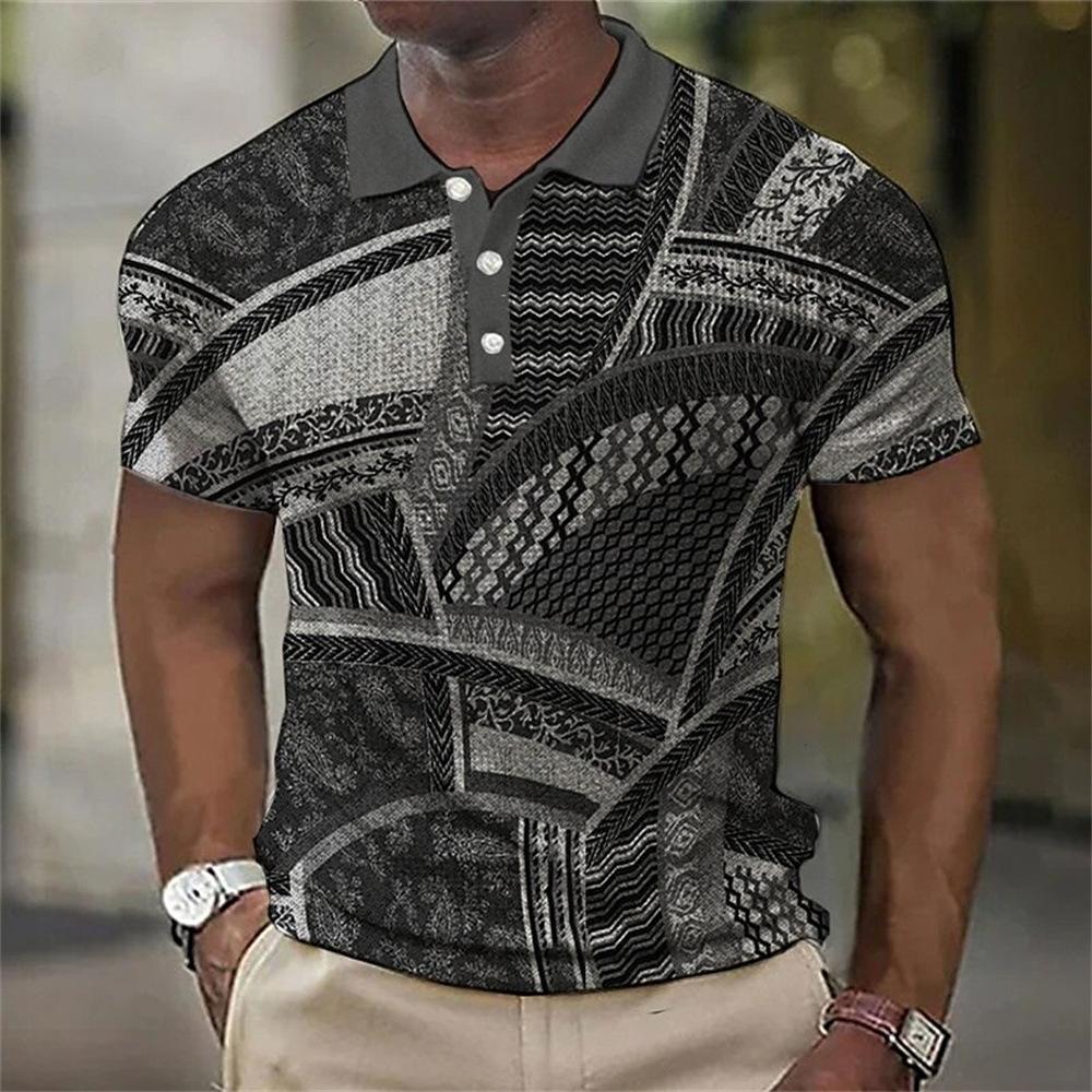 Stilvolles Herren-Kurzarm-Polohemd, Geometrisches Gittermuster, Freizeitkleidung