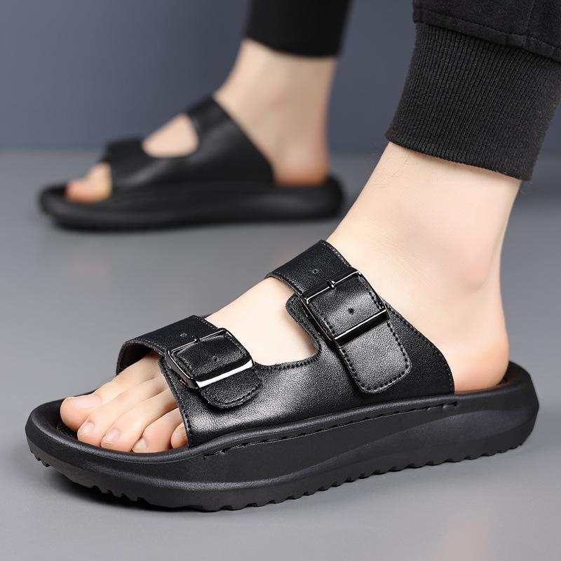 

Fashion Double Buckle Designer Leather Slippers for Men Summer Solid Color Sports Beach Shoes Male Hallow Soft Sole Fashion Slippers 38 чёрный
