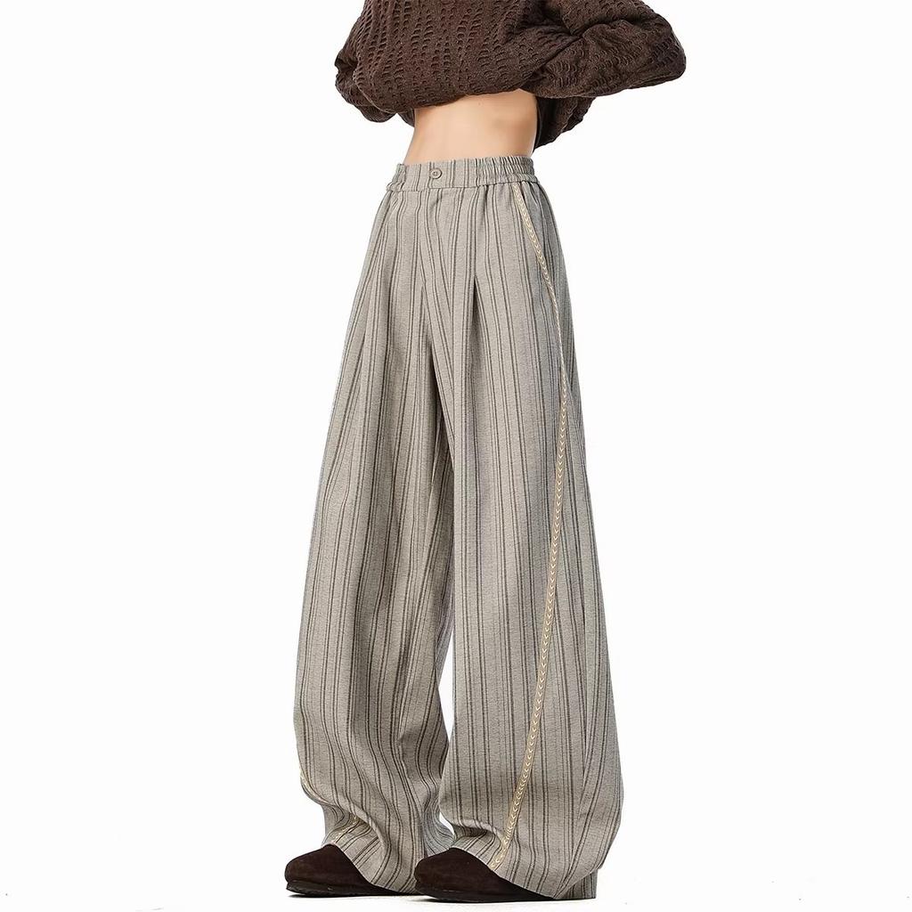 Old money style striped casual pants for men and women, spring and autumn retro loose drape wide-leg commuting versatile straight casual pants