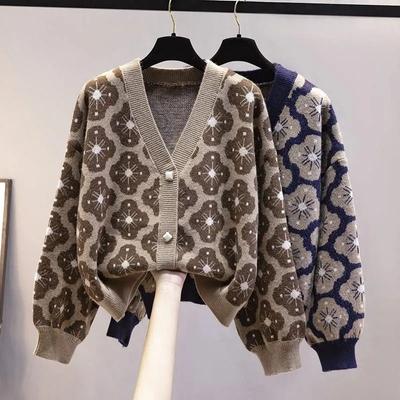 Knit Sweater Tops Women Autumn Casual Outer Cardigan V-Neck Sweater Women Vintage Loose Long Sleeve Jacket