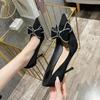 High heels women's spring 2025 new black bow rhinestone pointed thin heel versatile non-slip women's single shoes large size