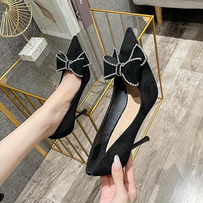 High heels women's spring 2025 new black bow rhinestone pointed thin heel versatile non-slip women's single shoes large size