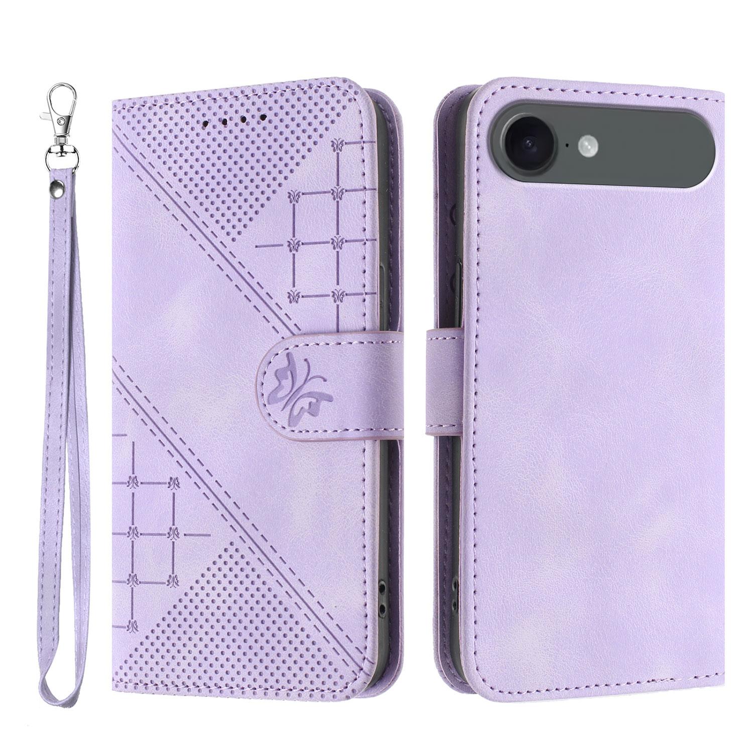 

For iPhone 17 Air Leather Wallet Case Butterfly Flower Imprinted Phone Cover with Strap Purple