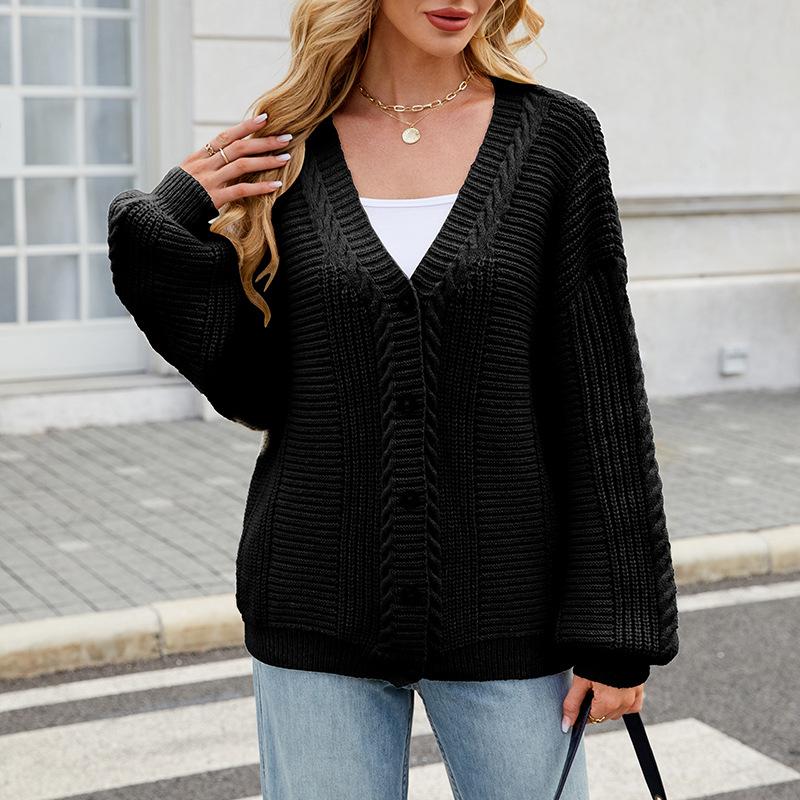 BITCED Relaxed-Fit Oversized Cardigan Autumn/Winter Long-Sleeved V-Neck Cable-Knit Sweater