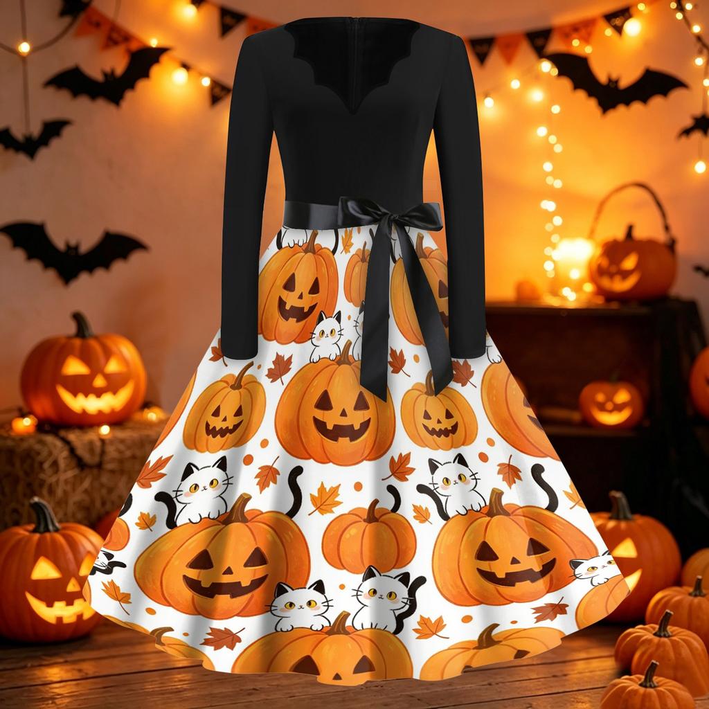 Women's Casual Vintage Halloween Dress V Neck Long Sleeve Retro Style Fit and Flare Knee Length Dress with Ghost Print and Waist Tie