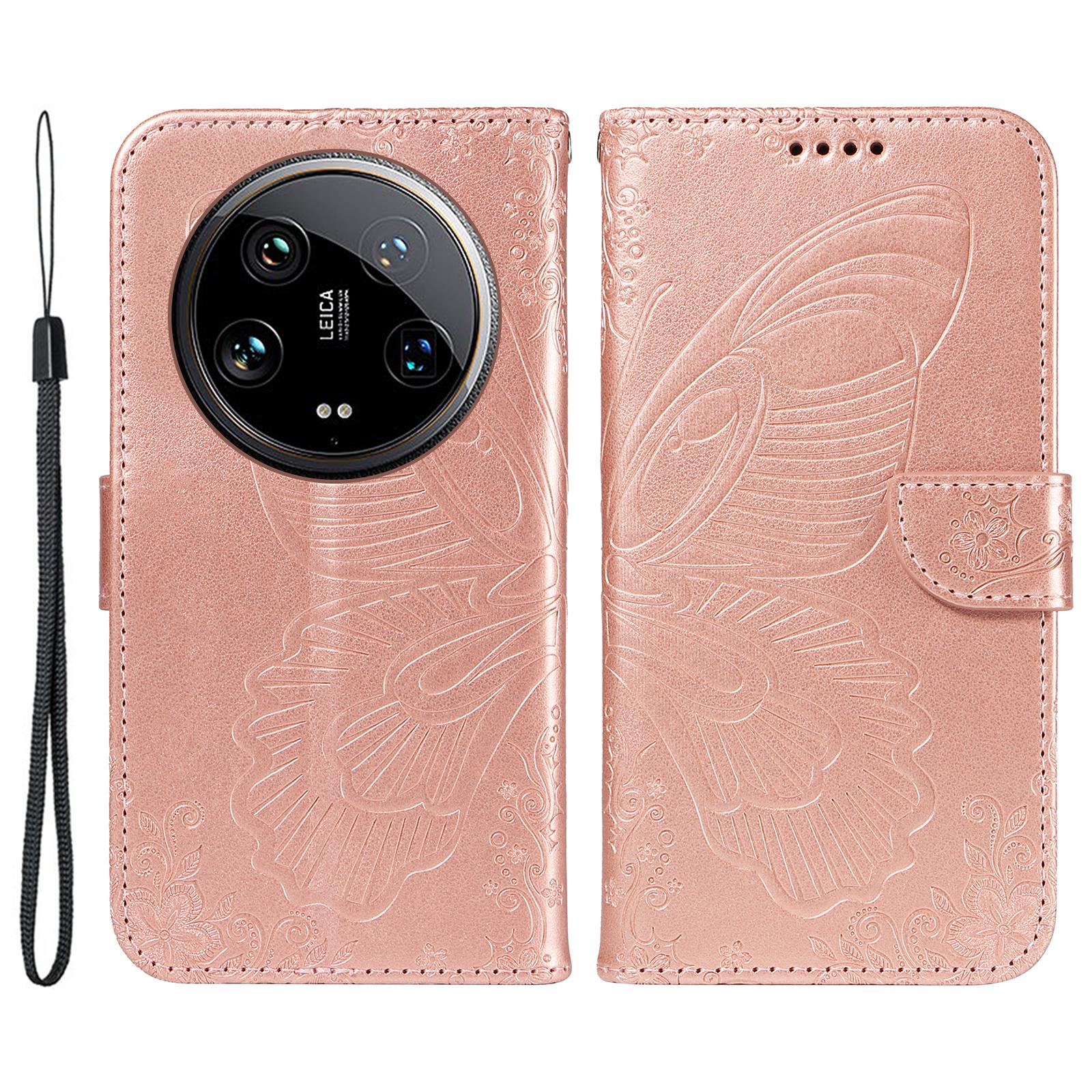 

For Xiaomi 14 Ultra Mobile Phone Case Butterfly Pattern PU Leather Stand Phone Cover Rose Gold