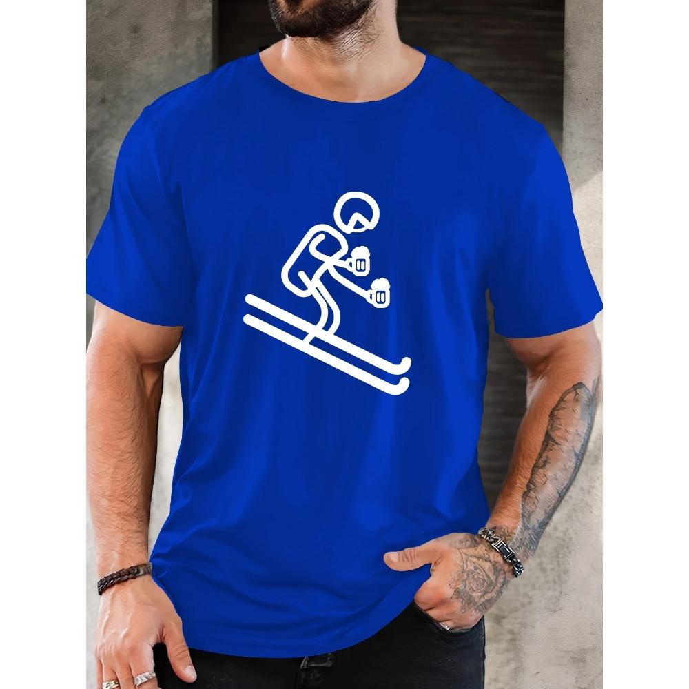 Male Skier Holding Beer Pattern Summer Casual Crew Neck Short T-shirt