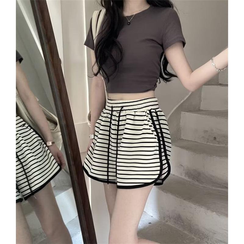 Striped High-waisted Sports Pants Women's Loose Wide Leg Shorts Summer Thin Straight Elastic Waist Ins Casual Pants