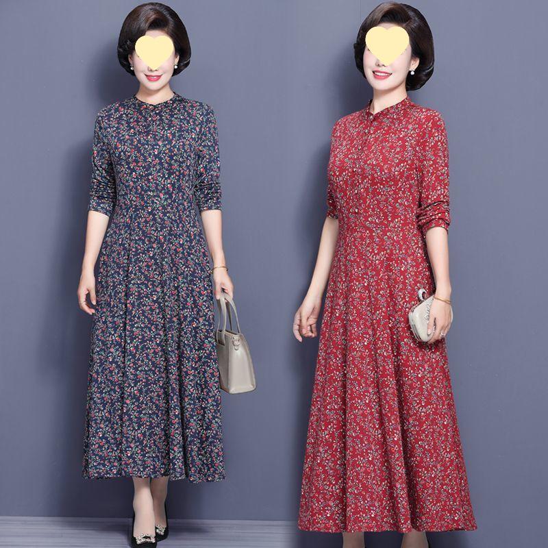 Elegant Floral Long Sleeve Dress for Middle-Aged & Elderly Women - Spring & Autumn 2025 Collection