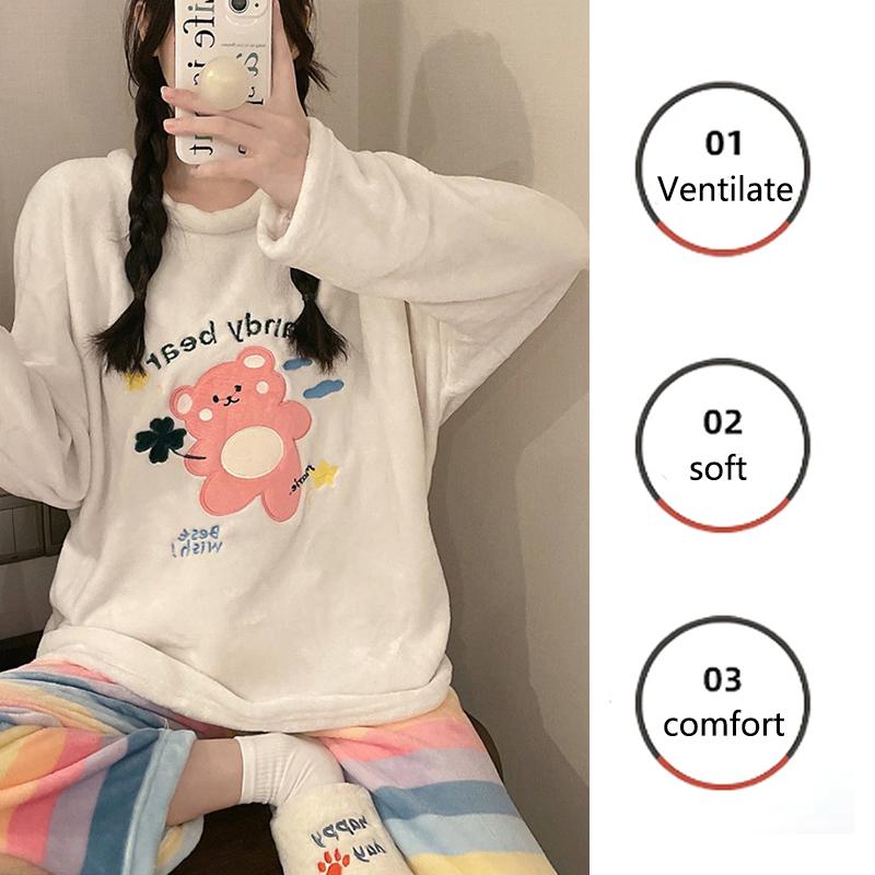 Thickened Warm Autumn Winter Pyjamas Long-Sleeved Trousers Female Coral Velvet Cartoon Bear Two-Piece Homewear Girl