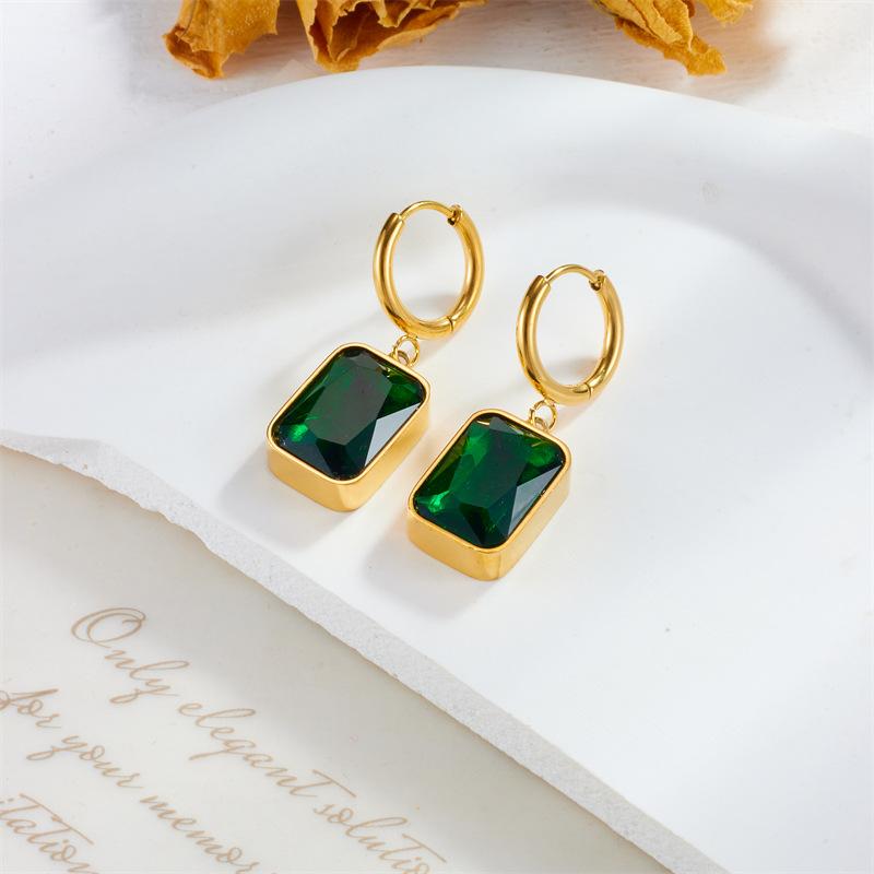 Gold Plated Emerald Cut Green Cubic Zirconia Drop Hoop Earrings for Women Stainless Steel