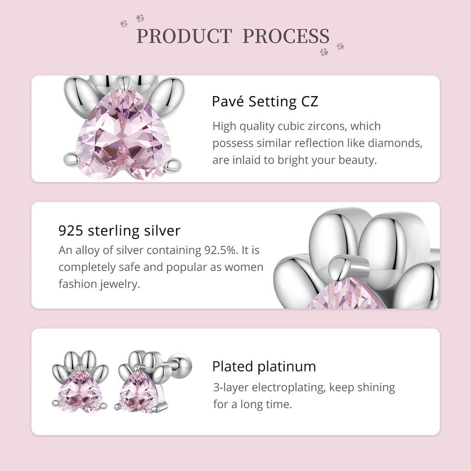 WOSTU 925 Sterling Silver Pink Zircon Pet Dog Paw Stud Earrings For Women Lovely Heart Zircon Ear Studs Birthday Jewelry Gift