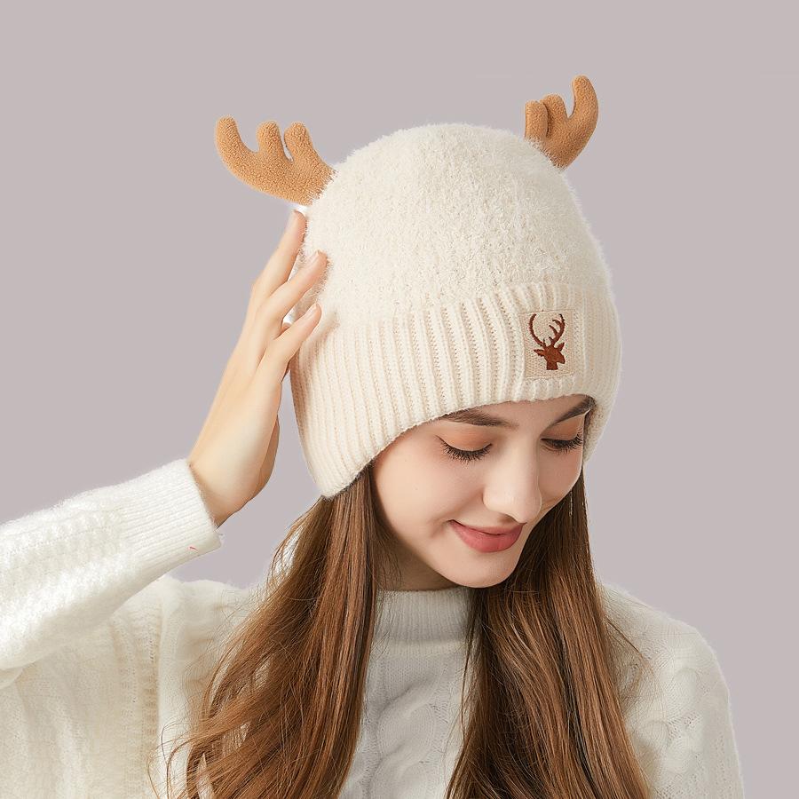 Knitted Hat Women's Stitching Antler Ear Protection Thick Warm Hat Women's Winter Wool Hat