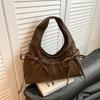 Cream Soft Shoulder Bag with Adjustable Drawstring Bows for Casual Daily or Trendy Urban Outings