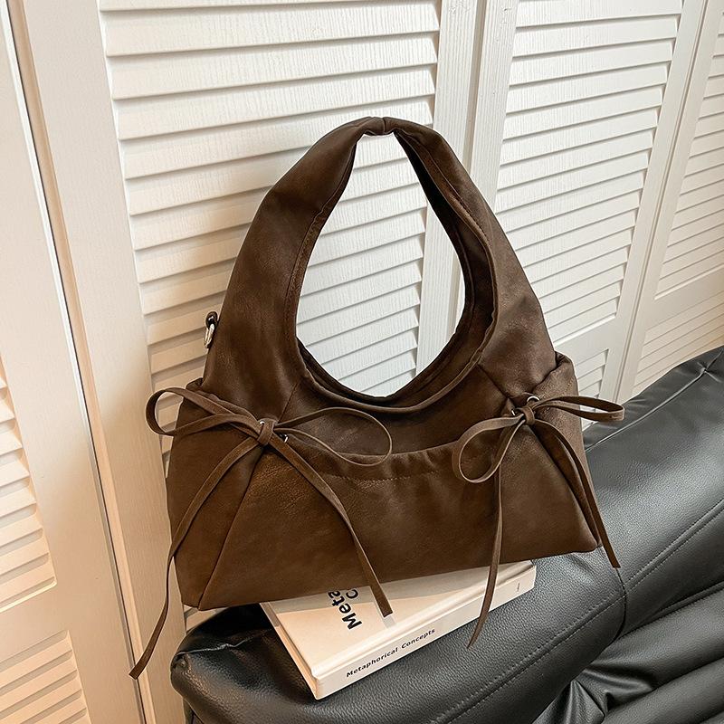 Cream Soft Shoulder Bag with Adjustable Drawstring Bows for Casual Daily or Trendy Urban Outings