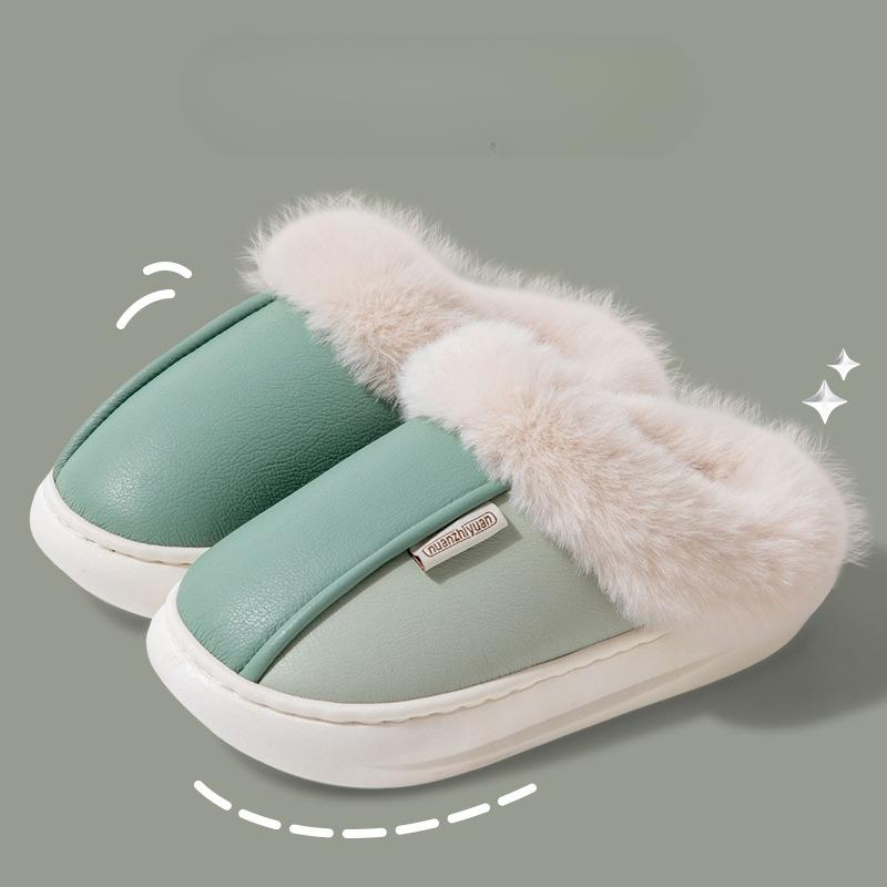 Winter Warme Zuhause Pelz Damen Hausschuhe Luxus Wasserdicht PU Leder Plüsch Paar Baumwollschuhe Indoor Schlafzimmer Flache Absätze Flauschiger Slipper