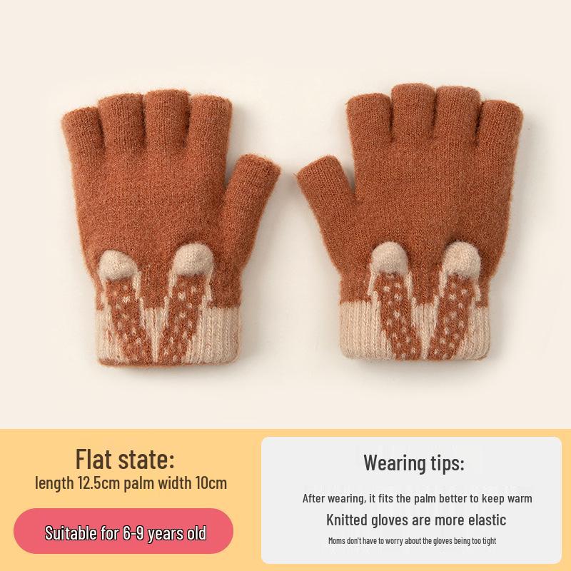 Kids' Cute Flip-Top Fingerless Fox Gloves - Warm Cartoon Design for Autumn and Winter