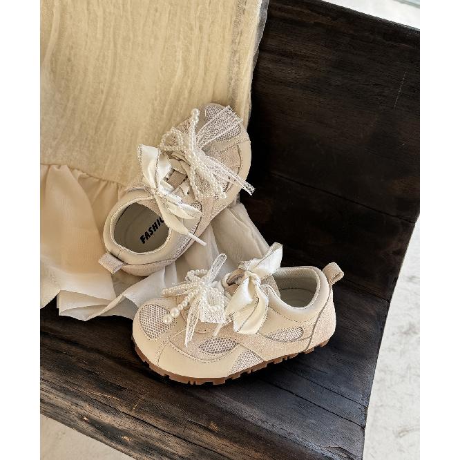 

Girls shoes for spring and summer, pink bowknot pearl low-top princess shoes, children s breathable mesh panel shoes for toddlers 22 бежевый