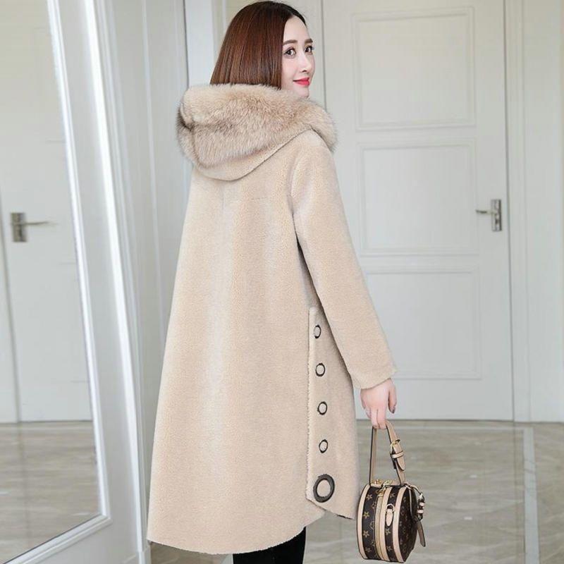 Granular Sheep Shearing Coat Women's Medium and Long Winter Imitation Fox Fur Hooded Integrated Imitation Fur Coat