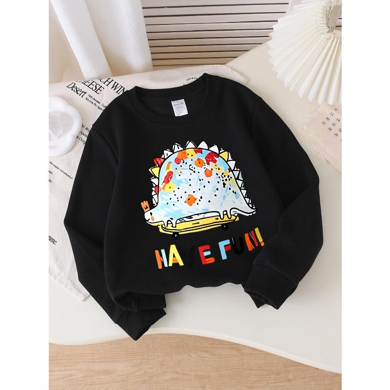 Youth Crewneck Sweatshirt Featuring a Vibrant Dinosaur And Car Design, Easy To Wash, Suitable for Spring And Fall, Ideal for Sports And Casual Outfits