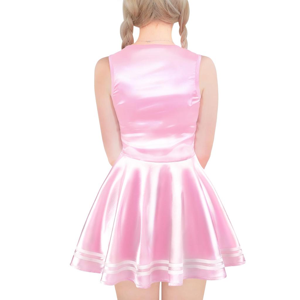[LittleForBig] Unisex Glänsande Satinkjol Cheerleader Sissy Silkeslen Ärmlös Klänning, Rosa, Storlek L
