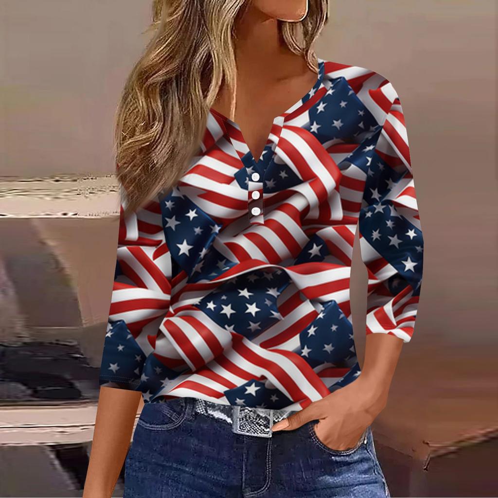 Women's Fashion Casual Independence Day American Flag Stars and Stripes Print Collar V-Neck Three-Quarter Sleeve Decorative Button-Up T-Shirt Top