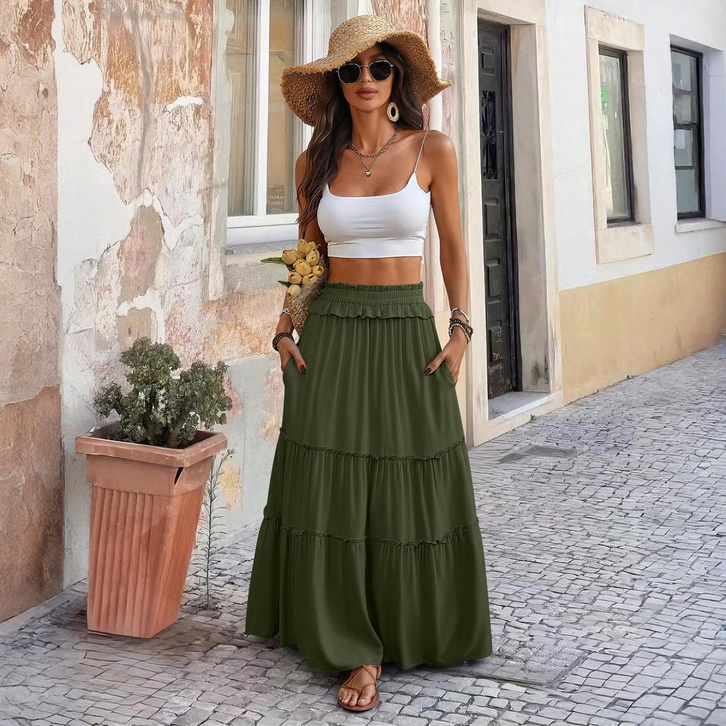 Gonna Lunga Maxi a Strati a Vita Alta da Donna con Elastico in Vita e Tasche Gonna Lunga Svasata per Uso Casual o Quotidiano