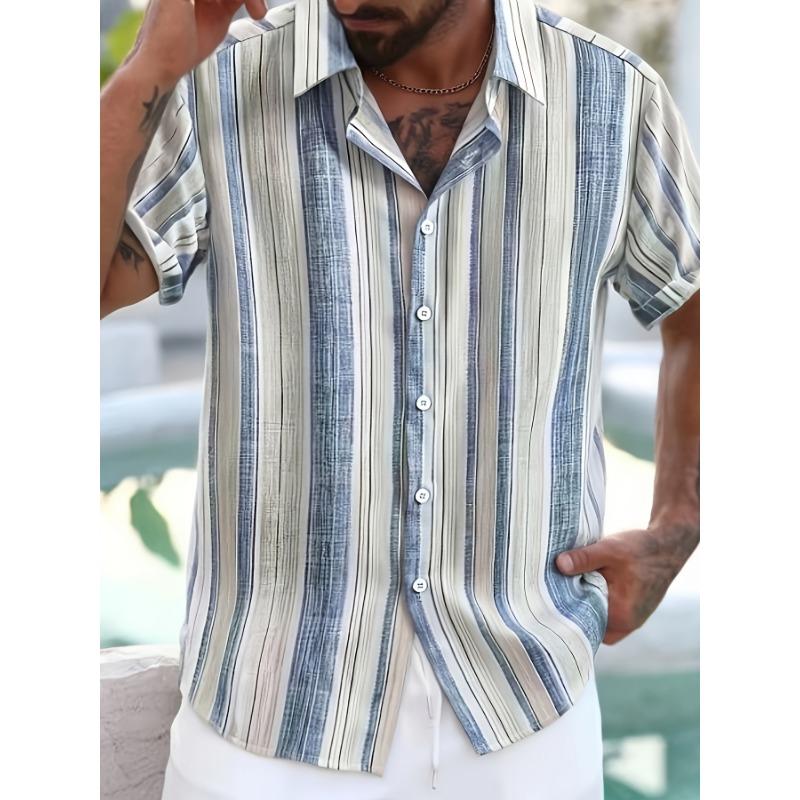 Summer Men's Short Sleeve Shirt: Comfortable Casual Striped Print Travel Vacation Style Top