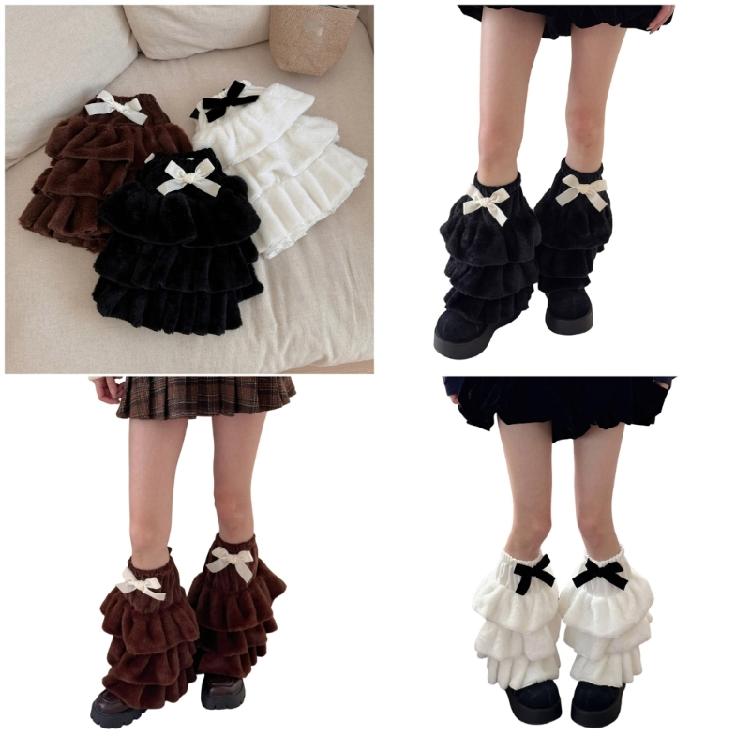 Winter Warm Furry Tiered Ruffle Leg Sleeves for Women Aesthetic Bowknot Fuzzy Leg Warmers Boot Covers Footless Socks