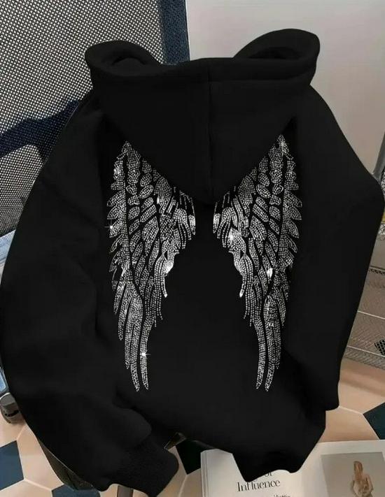 Trendy Wing Print Casual Loose Hoodie