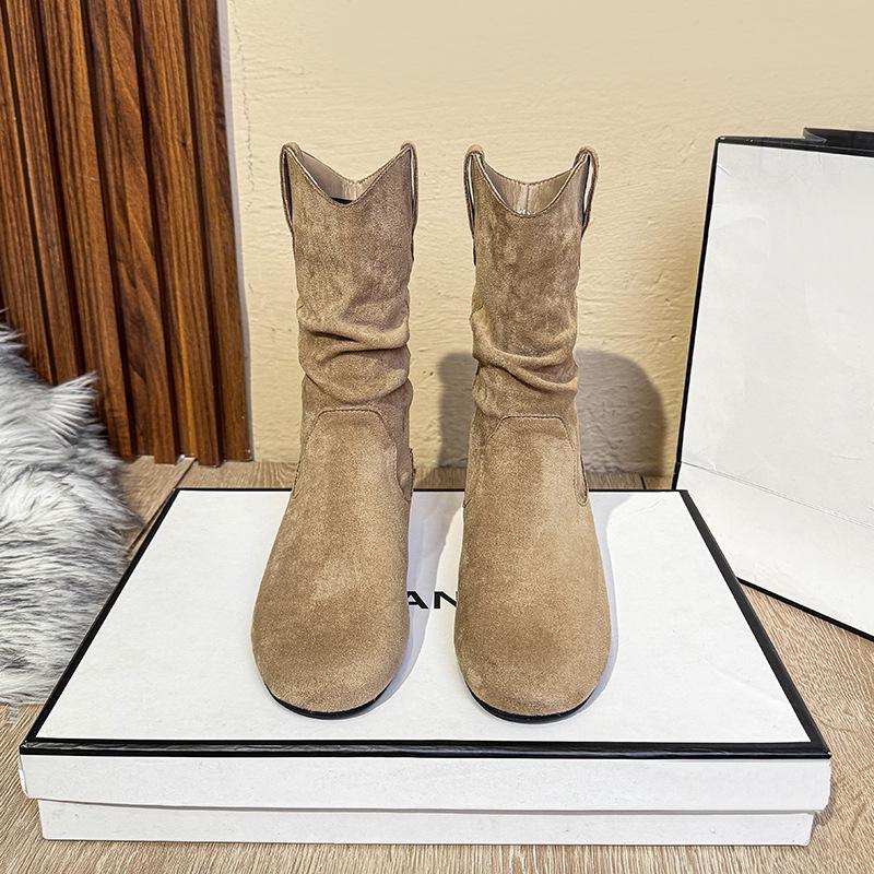 

2025 Корейский стиль Женские Ретро Мягкая кожа Круглый носок Плоский каблук Плиссированная замша Ботильоны до щиколотки 36 абрикосовый