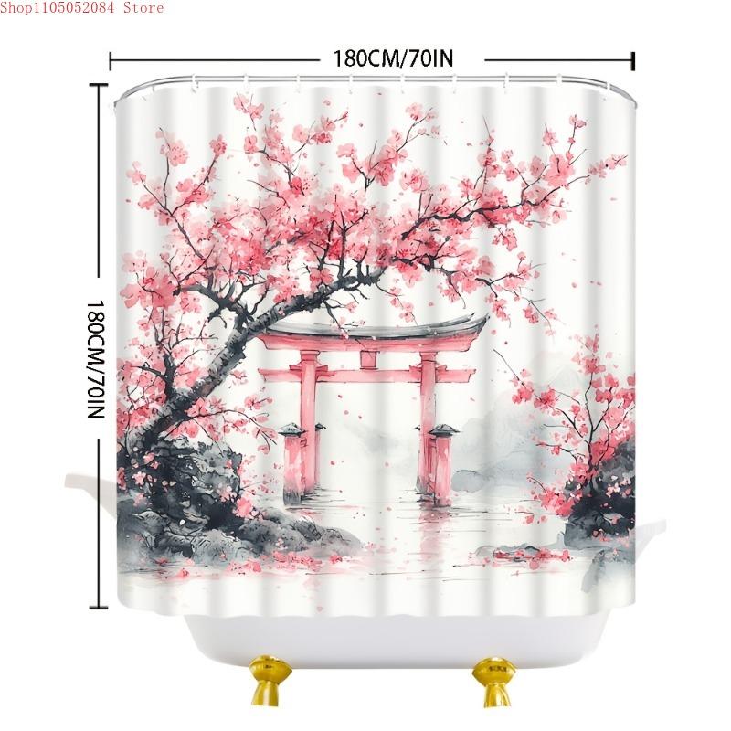1Pc Japanese Cherry Shower Curtain Torii Gate - With Hooks Waterproof Mildew Proof Easy Install Washable