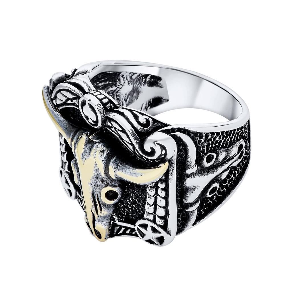 Black Texture Animal Buffalo Cow Skull Antelope Goat Big Western Jewelry Texas Longhorn Skull Signet Ring Two Tone Sterling Silver "Personalized Men's
