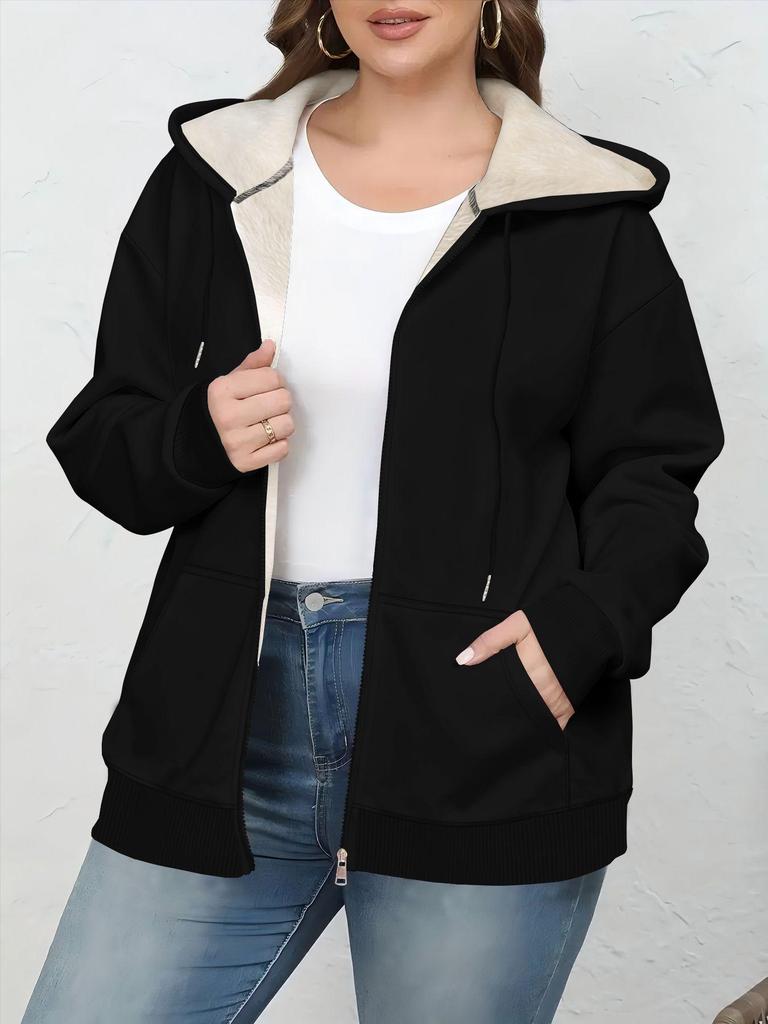 Plus Size Women's Winter Zipper Hoodie Cardigan - Solid Color, Lambswool Lined, US Sizes