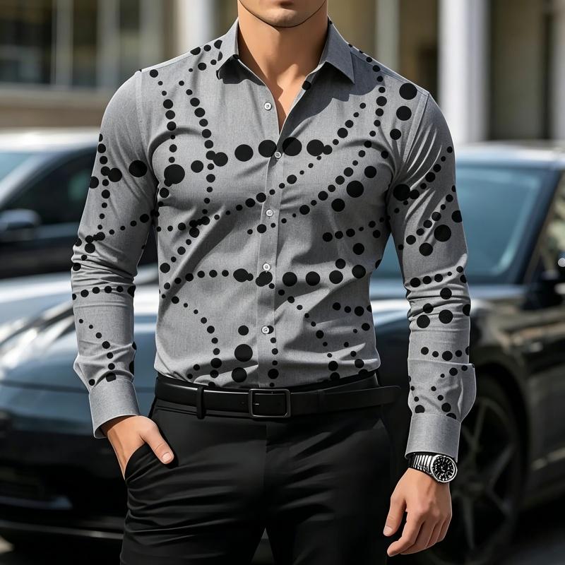 Men's Geometric Polka Dot Print Long Sleeve Shirt Slim Fit Casual Tops