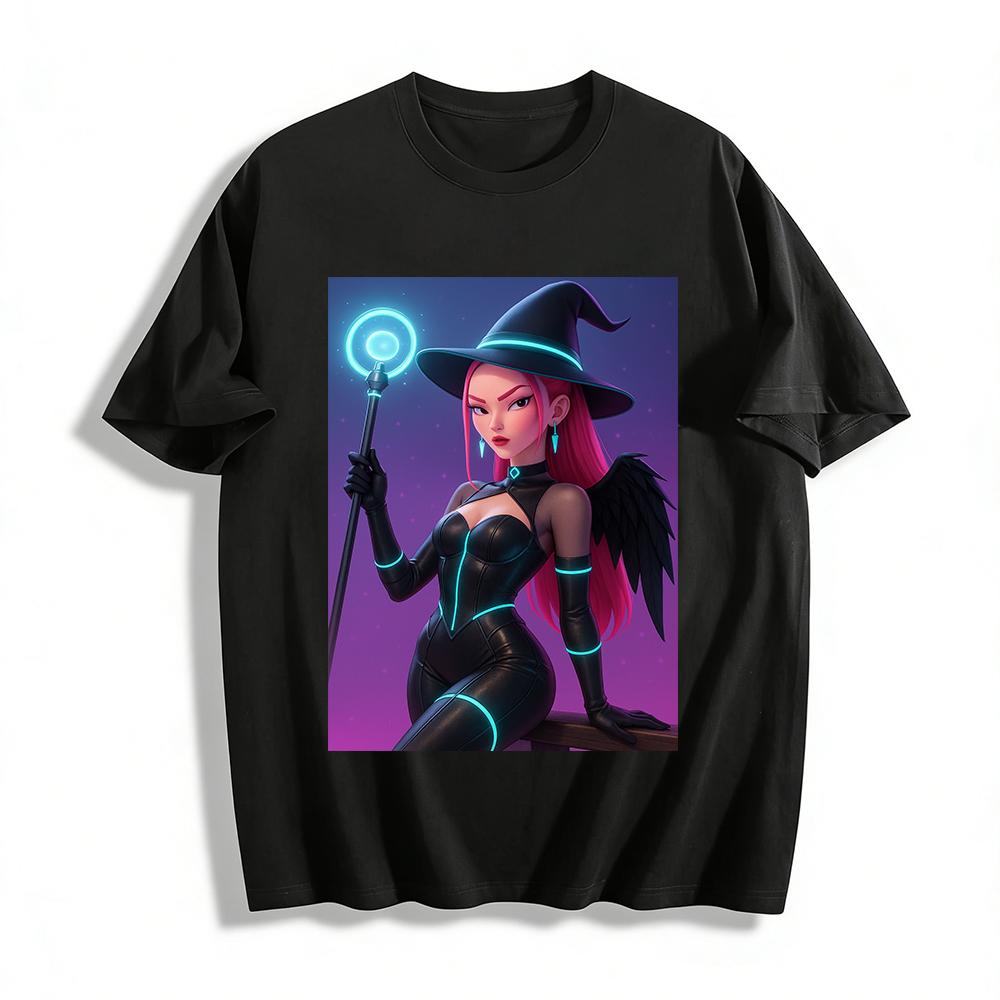Cyberpunk Dark Witch Print Top Futuristic Fluorescent Element Trendy Casual T-Shirt Pure cotton T-shirt XXS