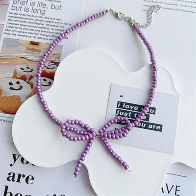 Korean Knotbow Choker Necklace For Girl Trendy Handmade Rice Beads Short Neck Jewelry Gift