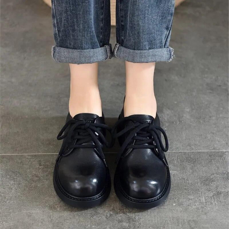 Johnature Low Heel Pumps Genuine Leather Lace-up Versatile Retro British Style Round Toe Women's Shoes