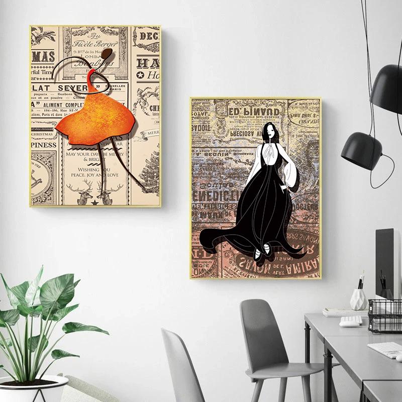 Abstract Fashion Girl In Newspaper Canvas Painting Vintage Poster and Prints Nordic Wall Art Picture for Living Room Home Decor