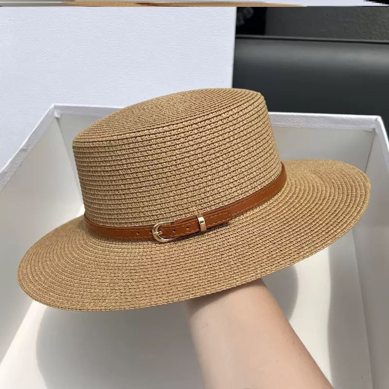 Small Fresh Flat Top Straw Hat Women's Summer Beach Sun Protection Casual Sun Hat French Fashion Temperament Belt Buckle Top Hat
