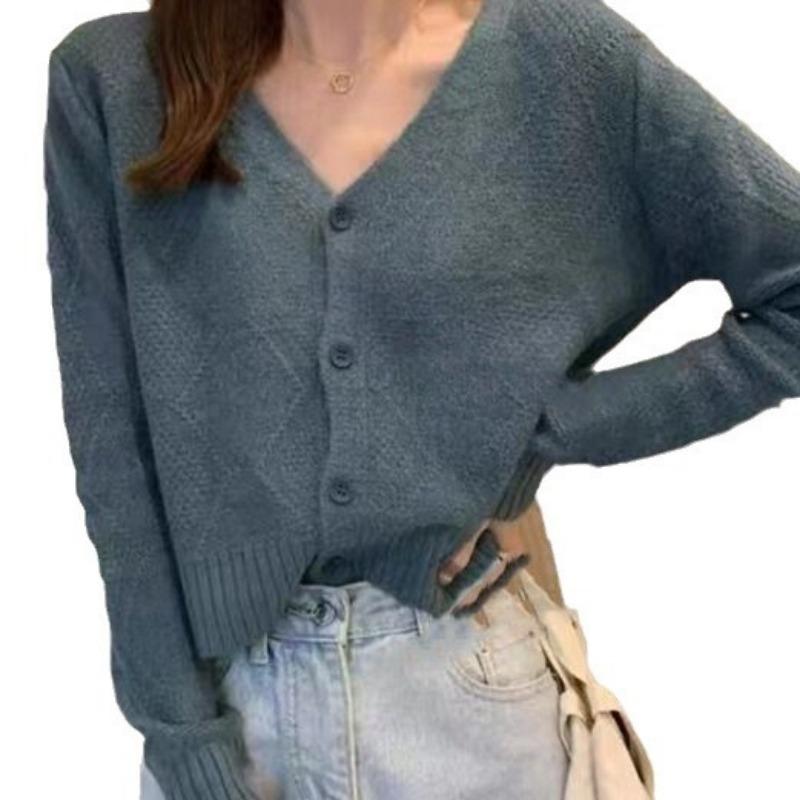 Autumn and winter new loose simple versatile knitted cardigan women's soft waxy v-neck thin long-sleeved sweater jacket trendy