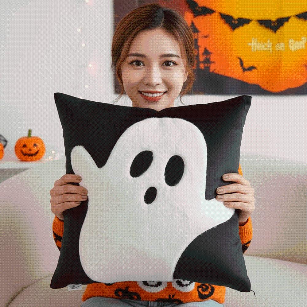 Square Shape Halloween Cushion Cover Cute Embroidery Ghost Cushion Shell Bed Accent
