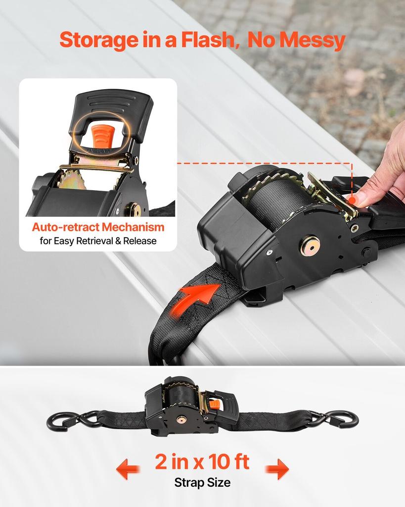 Retractable Ratchet Straps, 50.8 mm x 3 m, Tie Down Straps with S Hooks, 1375 kg Break Strength, 2 Soft Loops, Tie Down Ratcheting for Moving,