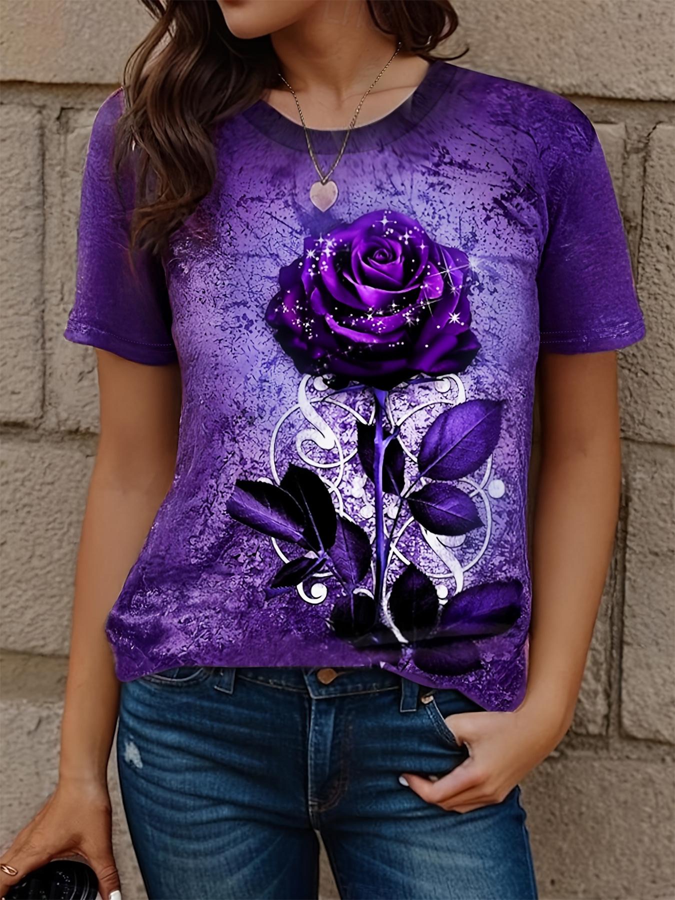 

Rich Purple Round Neck Short Sleeve T-Shirt with Purple Rose Print - Casual Summer Blouse Top. Shining Base Suitable for Parties. Weddings ; Casual At S дубильная кора