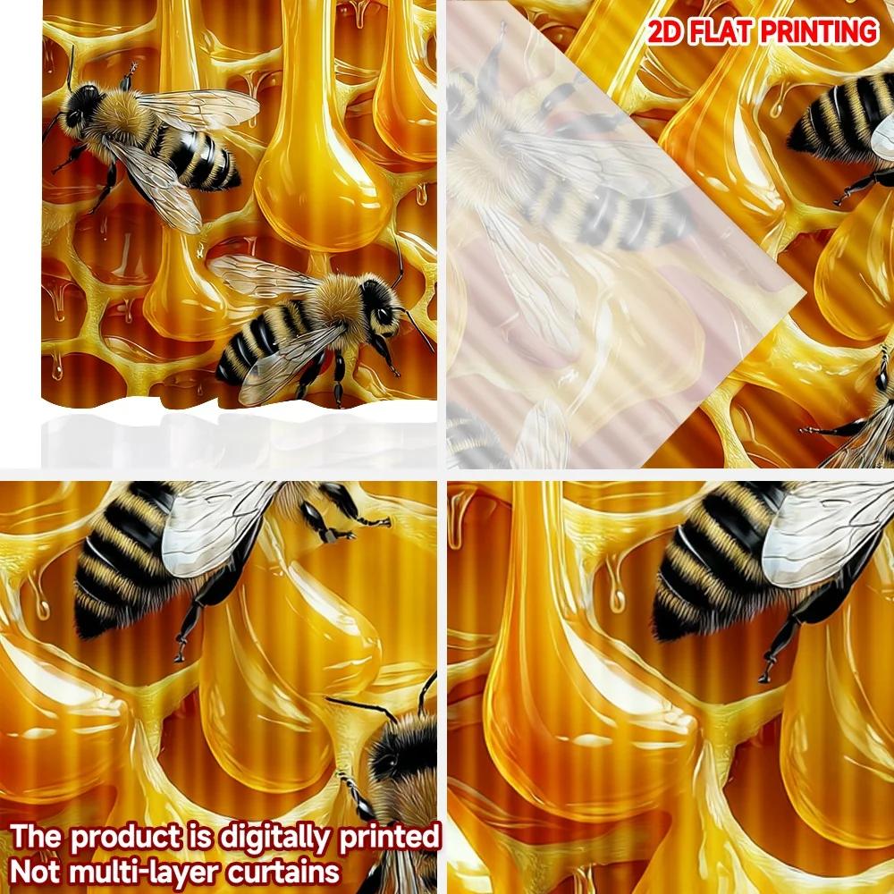 Set Of 2 Bee Honeycomb Curtains Realistic Bees Golden Dripping Honey Kitchen Living Room Decor Curtain Polyester Perfect For Sitting