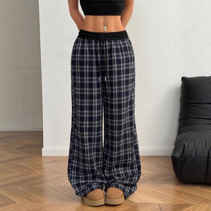 Retro Karo Bodenlange Weitbeinige Hose: Elastischer Bund, Vielseitig, Bequem, Gerades Bein, Lässiger Stil