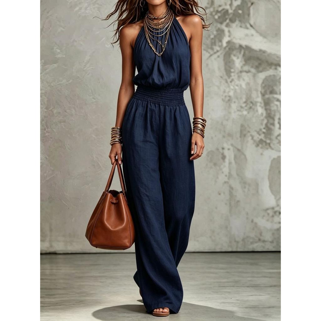 Mono de mujer con cuello halter sin mangas, cintura elástica, pierna ancha, casual de verano, color liso